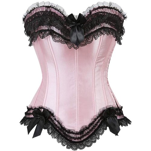 Pink Layered Lace Trim Satin Burlesque Strapless Corset 