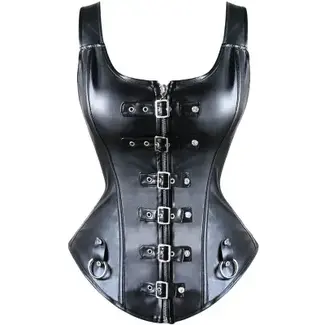 Black Faux Leather Steampunk Corset Basque Top