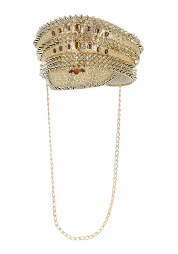 Sequin Studded Captains Hat - Gold with Chain 