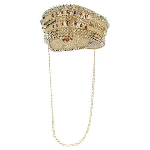 Sequin Studded Captains Hat - Gold with Chain 