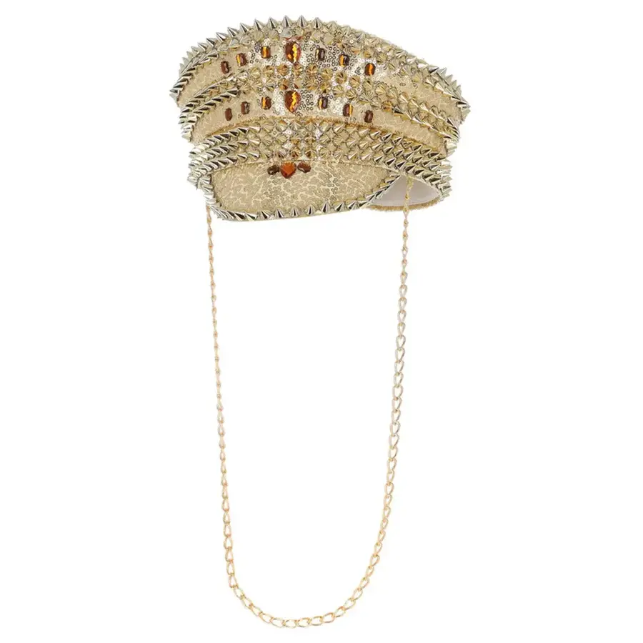 Fever Deluxe Sequin Studded Captains Hat - Gold with Chain-1