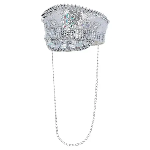 Sequin Studded Captains Hat - Silver with Chain 