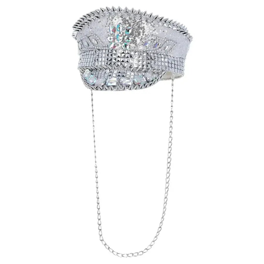Fever Deluxe Sequin Studded Captains Hat - Silver with Chain-1