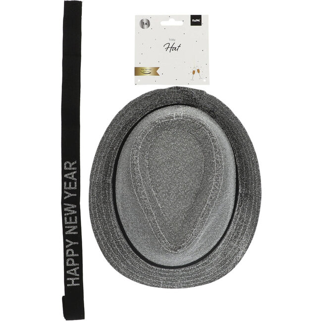 Trilby Hoed 'Happy New Year' Zilverkleurig