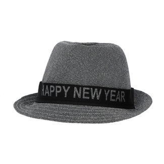 Folat Trilby Hoed 'Happy New Year' Zilverkleurig