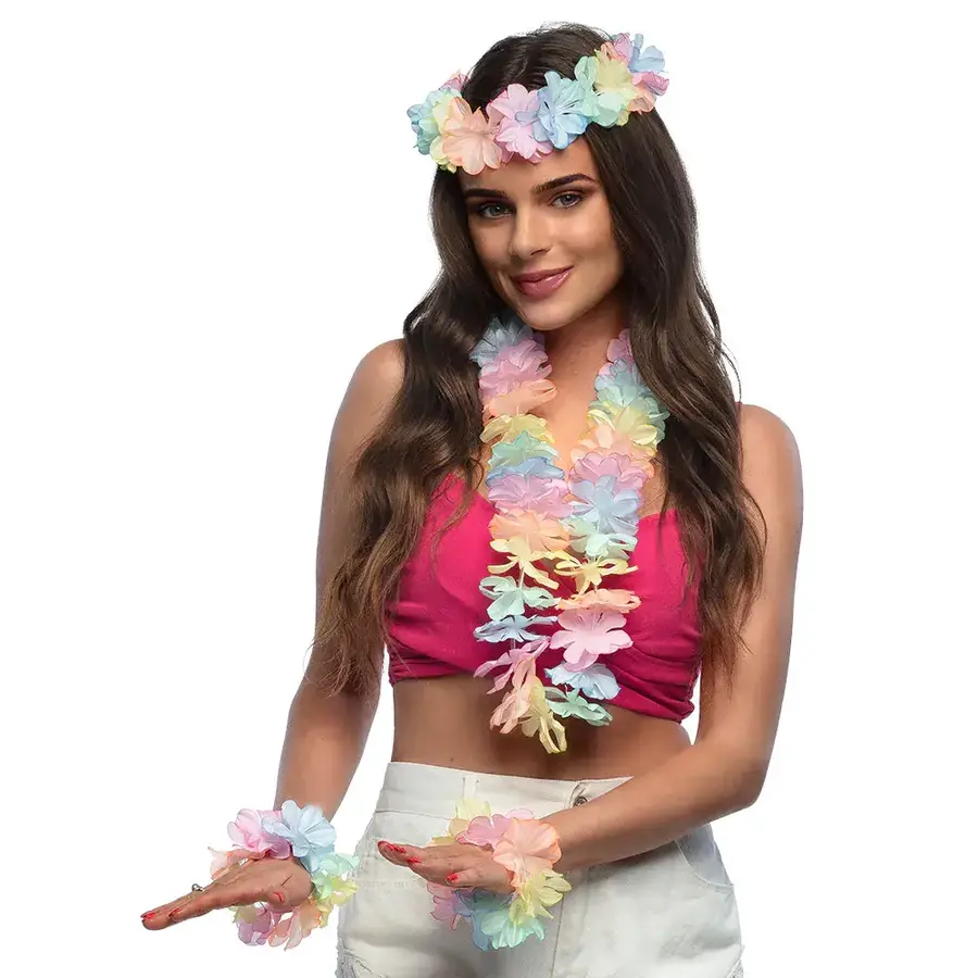 Hawaïset Pastel (hoofdband, hawaïkrans en 2 armbanden)-1