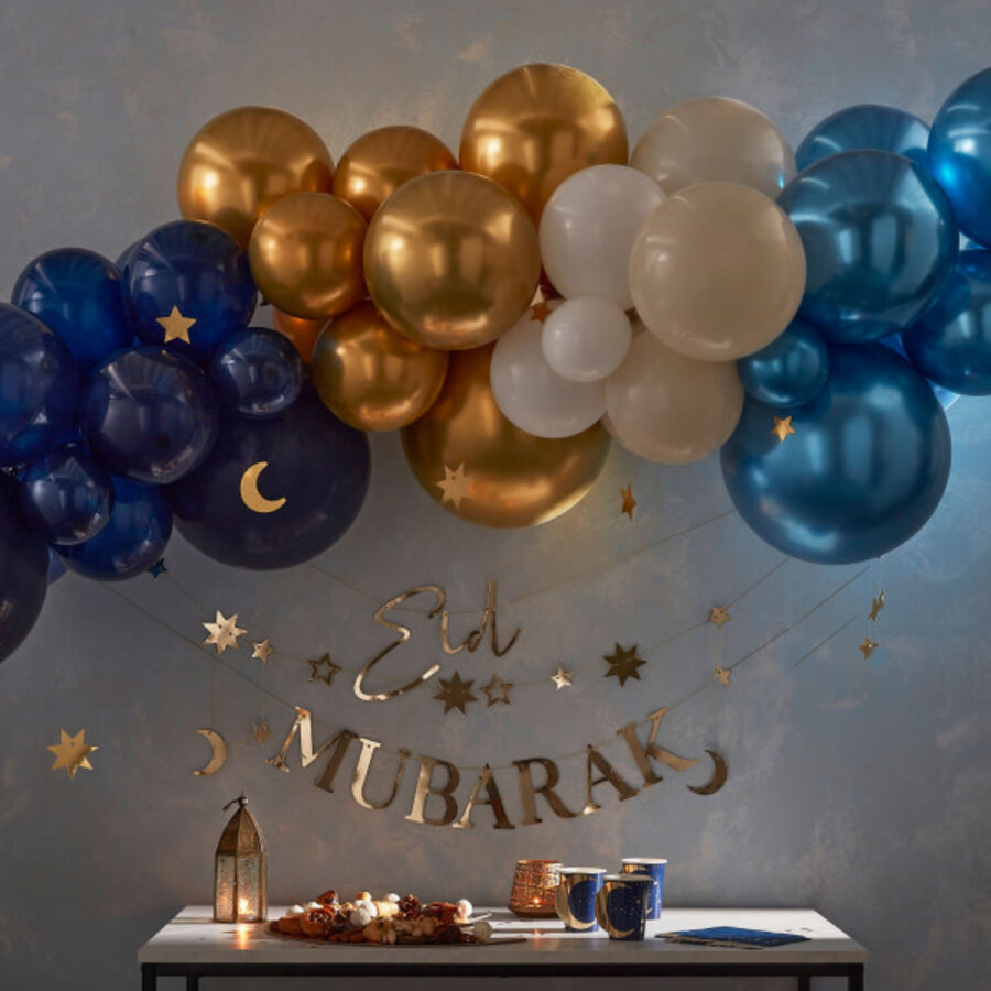 Balloon Garland - Mixed Chromes with Hanging Moons & Stars - Navy, Gold & White-1