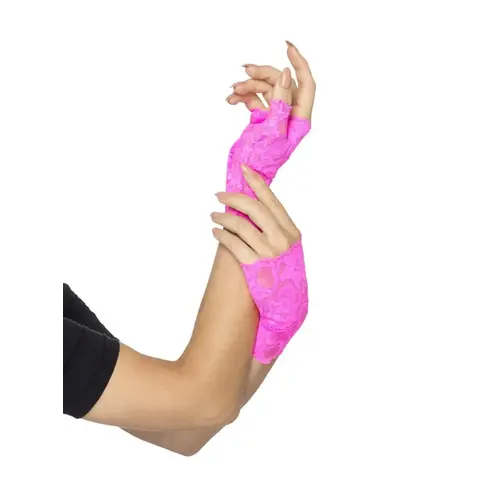 80's Fingerless Lace Gloves, Neon Pink 