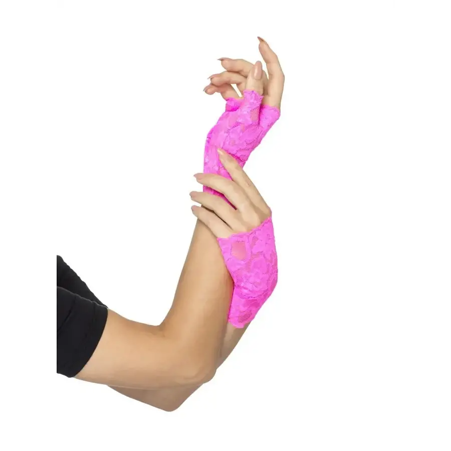 80's Fingerless Lace Gloves, Neon Pink-1