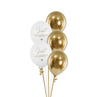 Staander Just Married Gold & White - 5 Heliumballonnen