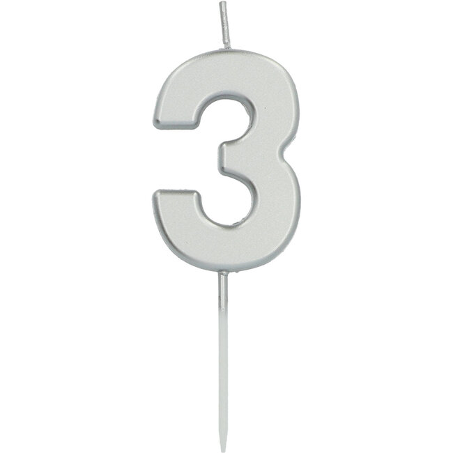 Cijfer kaars metallic zilver - nr. 3