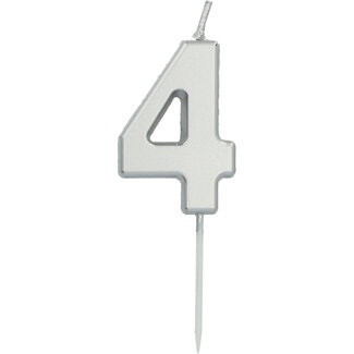 Folat Cijfer kaars metallic zilver - nr. 4