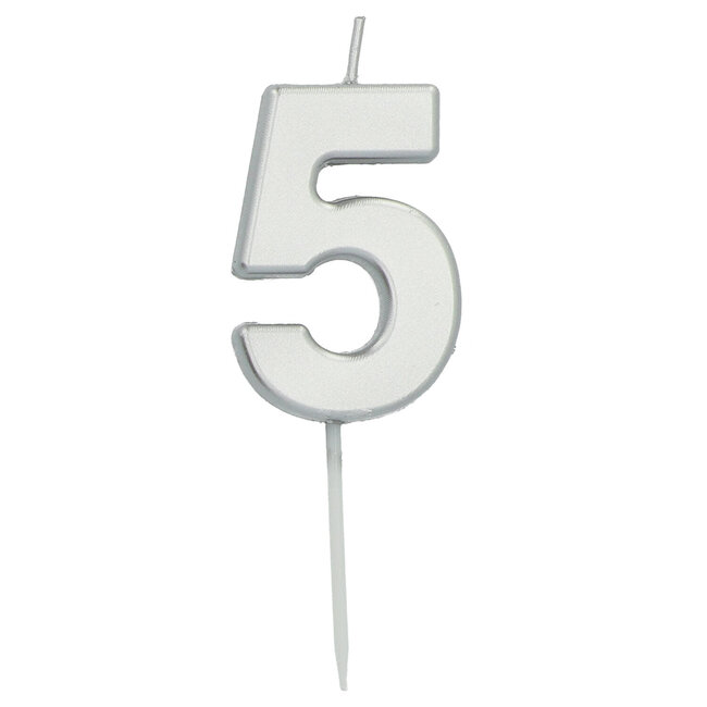 Cijfer kaars metallic zilver - nr. 5