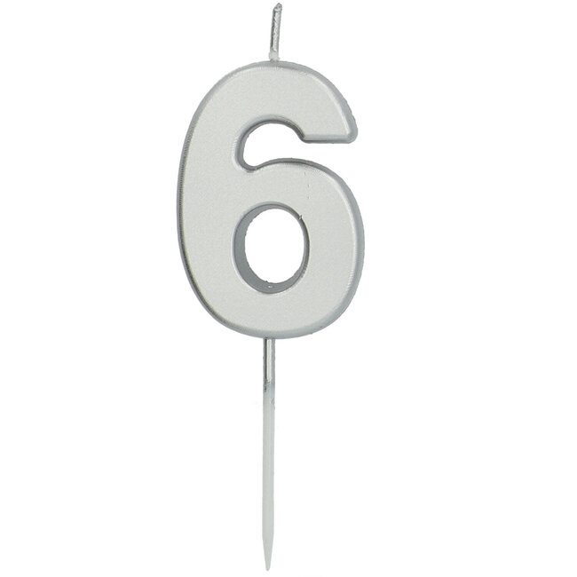 Cijfer kaars metallic zilver - nr. 6