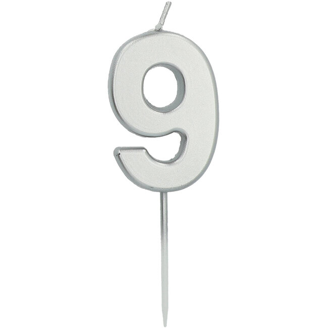 Cijfer kaars metallic zilver - nr. 9