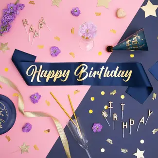 PartyPal Sjerp Happy Birthday - Marine Blauw & Goud - 10x160cm