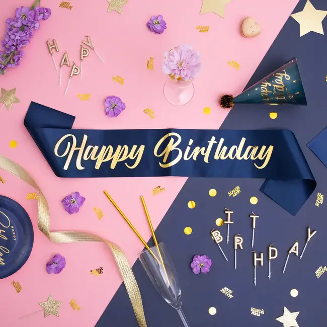 Sjerp Happy Birthday - Marine Blauw & Goud - 10x160cm