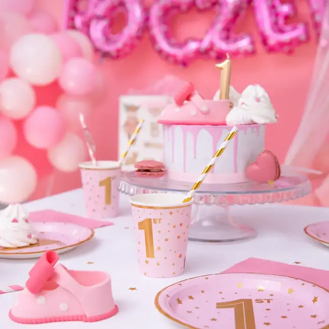 Bekertjes 1e Verjaardag Roze - 6 st - 220ml