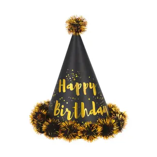 PartyPal Verjaardag Hoedje met Pompons Happy Birthday Black & Gold