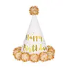Verjaardag Hoedje met Pompons Happy Birthday White & Gold