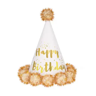 PartyPal Verjaardag Hoedje met Pompons Happy Birthday White & Gold