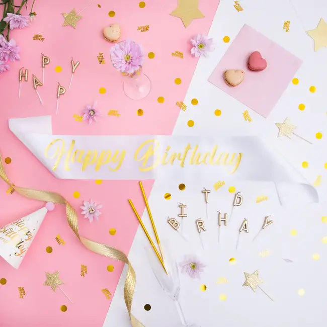 Sjerp Happy Birthday - Wit & Goud - 10x160cm