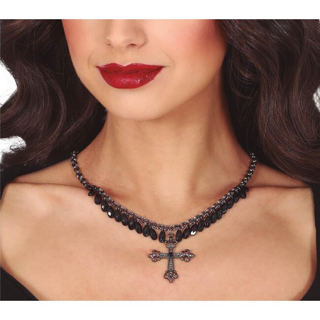 Ketting Cross with Black Stones