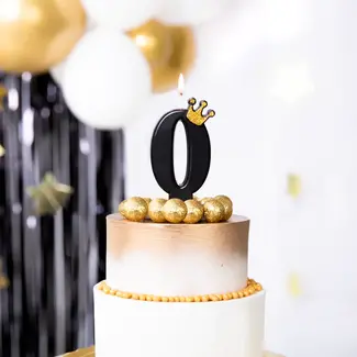 PartyPal Cijfer Kaarsje 0 Zwart met Gouden Kroontje - 8,8 cm