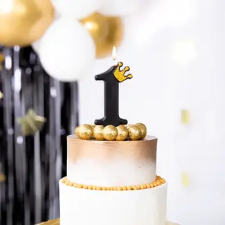 PartyPal Cijfer Kaarsje 1 Zwart met Gouden Kroontje - 8,8 cm