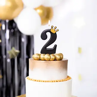 PartyPal Cijfer Kaarsje 2 Zwart met Gouden Kroontje - 8,8 cm