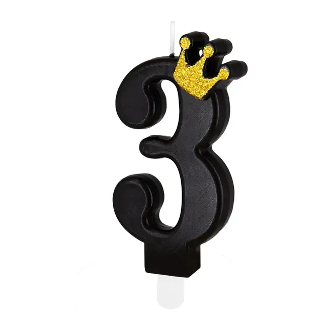 Cijfer Kaarsje 3 Zwart met Gouden Kroontje - 8,8 cm