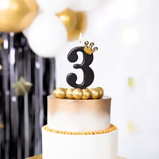 PartyPal Cijfer Kaarsje 3 Zwart met Gouden Kroontje - 8,8 cm
