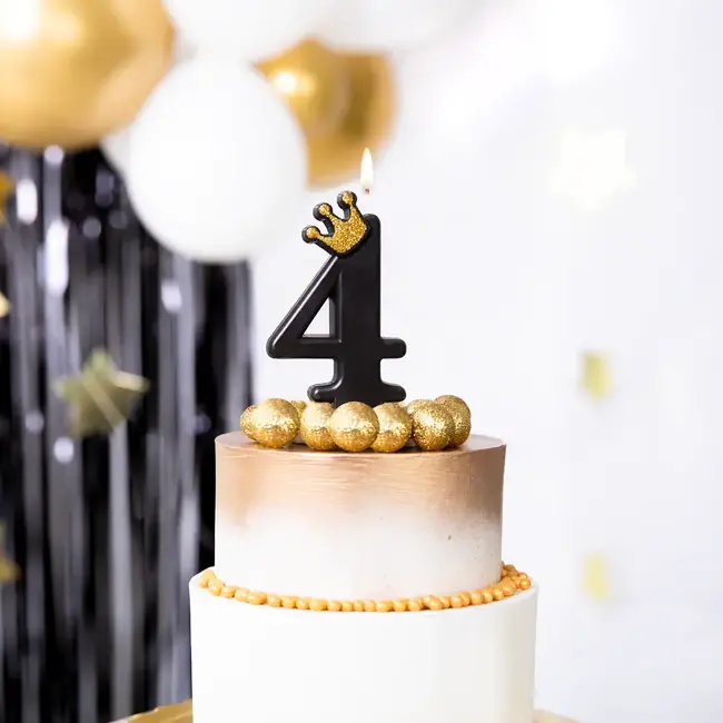 Cijfer Kaarsje 4 Zwart met Gouden Kroontje - 8,8 cm