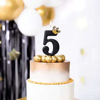 PartyPal Cijfer Kaarsje 5 Zwart met Gouden Kroontje - 8,8 cm