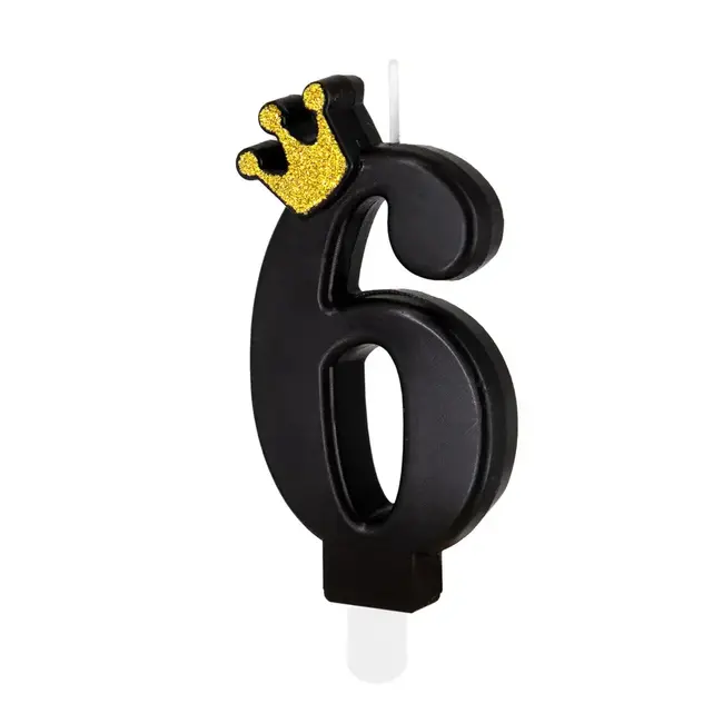 Cijfer Kaarsje 6 Zwart met Gouden Kroontje - 8,8 cm