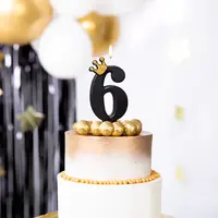 thumb-Cijfer Kaarsje 6 Zwart met Gouden Kroontje - 8,8 cm-1