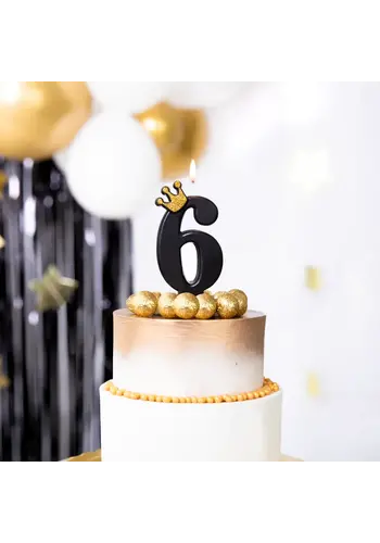 Cijfer Kaarsje 6 Zwart met Gouden Kroontje - 8,8 cm 