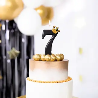 PartyPal Cijfer Kaarsje 7 Zwart met Gouden Kroontje - 8,8 cm