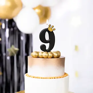 PartyPal Cijfer Kaarsje 9 Zwart met Gouden Kroontje - 8,8 cm