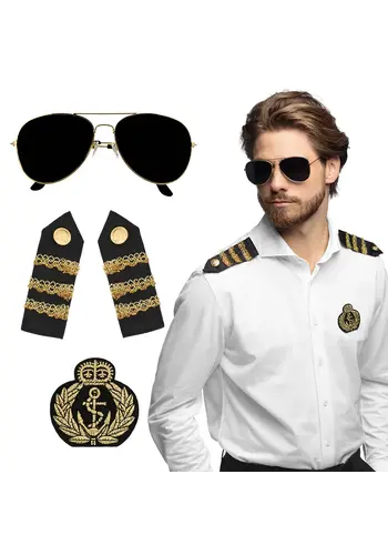 Set Kapitein (partybril, badge en schouderstukken) 