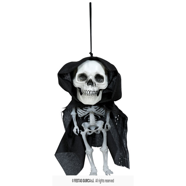 Hanging Big Head Skeleton With Hood - 15 cm