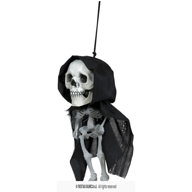Hanging Big Head Skeleton With Hood - 15 cm