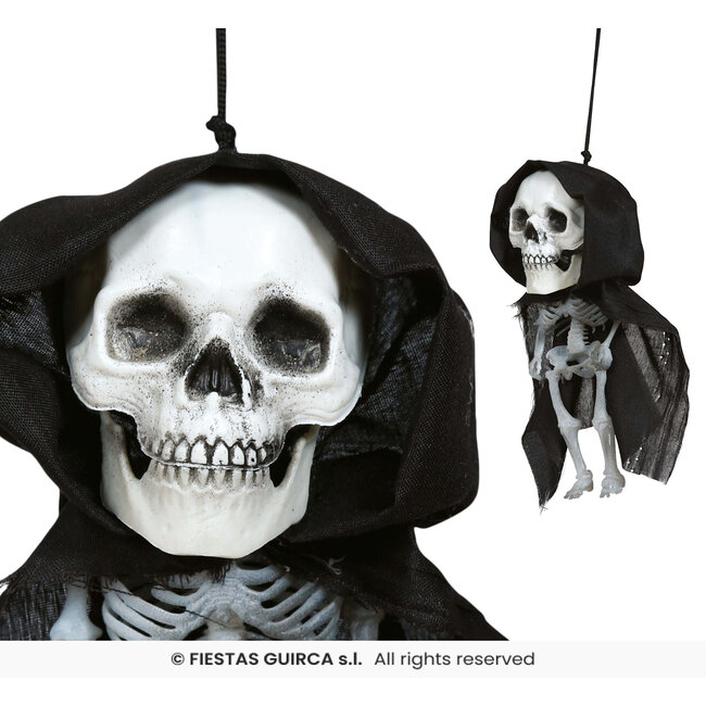 Hanging Big Head Skeleton With Hood - 15 cm