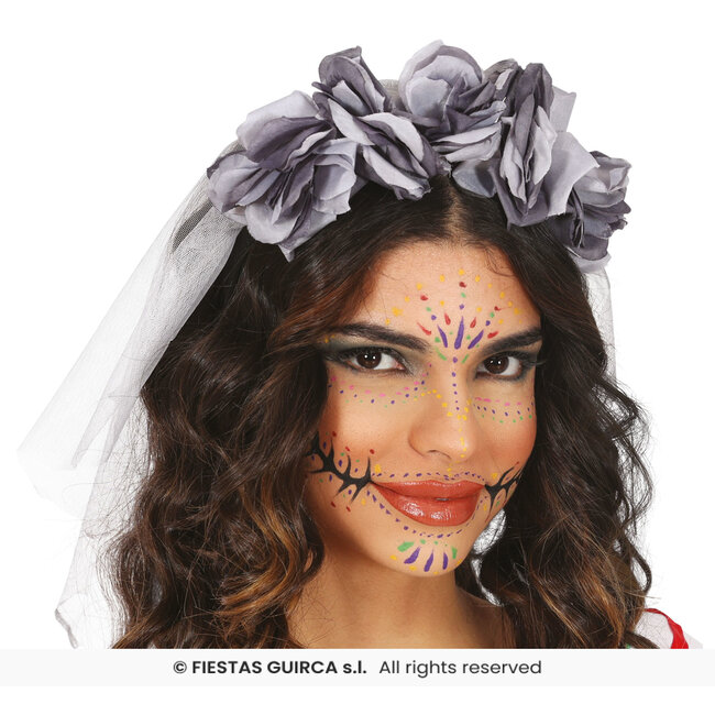 Grijze Sluier met Bloemen Tiara