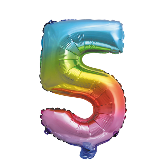 Folieballon cijfer 5 Regenboog - lucht gevuld - 36cm
