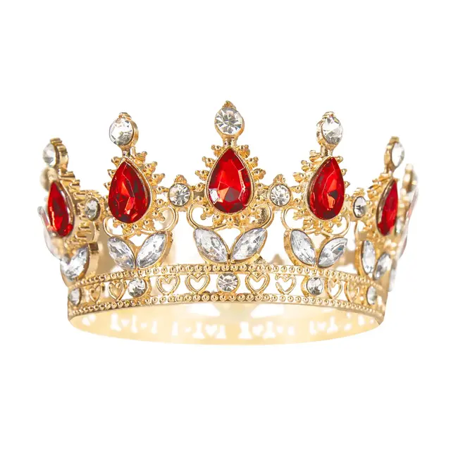 Taartdecoratie - Gouden kroon met rode en Zilveren Kristallen - 10 cm