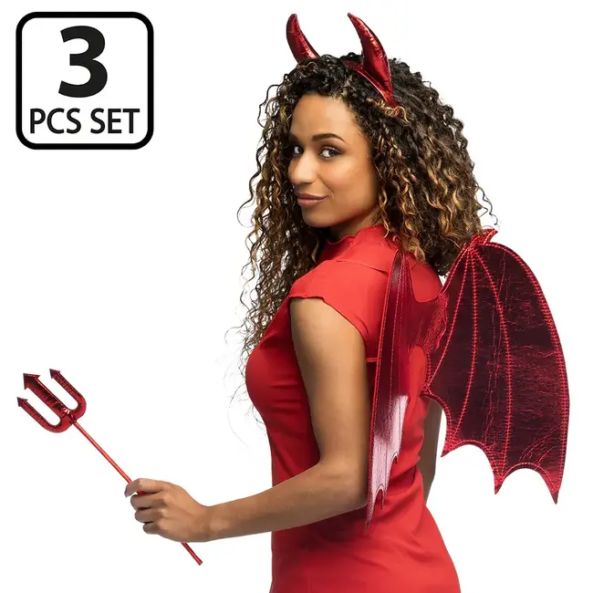 Set Duivel Azara - Hoorntjes, Vleugels en Vork 40 cm