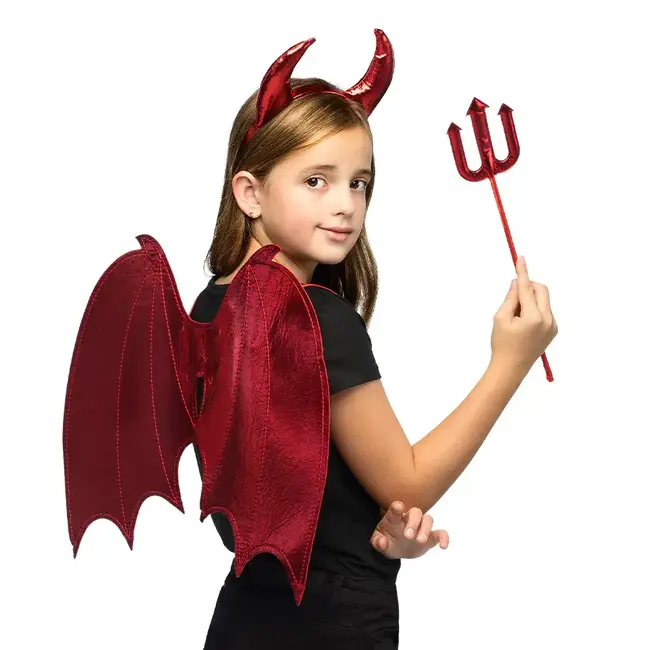 Set Duivel Azara - Hoorntjes, Vleugels en Vork 40 cm