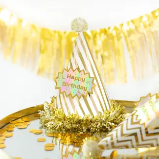 PartyPal Verjaardag Hoedje met Pompons Happy Birthday White & Gold
