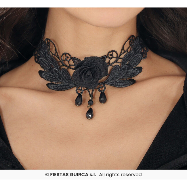 Zwarte Choker met Geborduurde Rozen